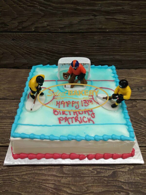 Hockey Birthday Cake for 20-25 people Square cake, easy to slice and enough for a big birthday party. Celebrate a great season or someone's love of hockey with this cake decorating set.